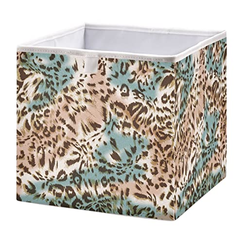 Kigai Blue Brown Leopard Pattern Fabric Storage Bin 11" x 11" x 11" Cube Baskets Collapsible Store Basket Bins for Home Closet Bedroom Drawers Organizers