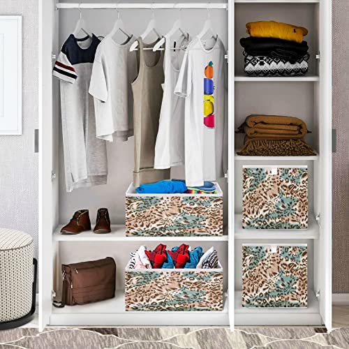 Kigai Blue Brown Leopard Pattern Fabric Storage Bin 11" x 11" x 11" Cube Baskets Collapsible Store Basket Bins for Home Closet Bedroom Drawers Organizers