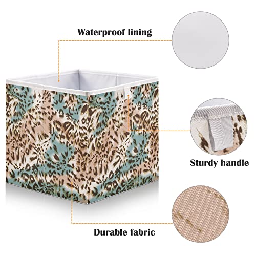 Kigai Blue Brown Leopard Pattern Fabric Storage Bin 11" x 11" x 11" Cube Baskets Collapsible Store Basket Bins for Home Closet Bedroom Drawers Organizers