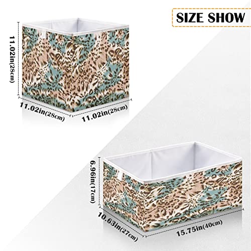 Kigai Blue Brown Leopard Pattern Fabric Storage Bin 11" x 11" x 11" Cube Baskets Collapsible Store Basket Bins for Home Closet Bedroom Drawers Organizers