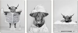 cow bathroom poster wall art print,black and white cute funny cow canvas posters farmhouse bathtub bathroom ,wall art canvas for living room, bathroom, bedroom, kids bathroom decor,gift.set of 3(unframed,8”x10”inches).