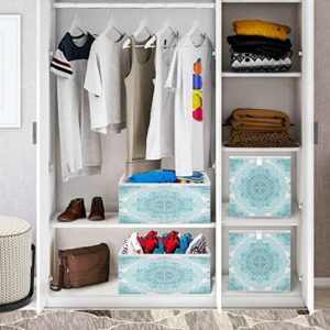 Kigai Aqua Turquoise Mandala Fabric Storage Bin 11" x 11" x 11" Cube Baskets Collapsible Store Basket Bins for Home Closet Bedroom Drawers Organizers