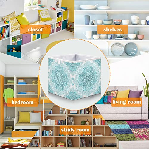 Kigai Aqua Turquoise Mandala Fabric Storage Bin 11" x 11" x 11" Cube Baskets Collapsible Store Basket Bins for Home Closet Bedroom Drawers Organizers