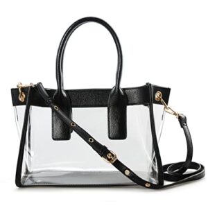 hoxis clear pvc women satchel transparent shoulder handbag with vegan leather trim stadiums approved purse (black)