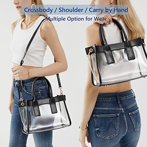 HOXIS Clear PVC Women Satchel Transparent Shoulder Handbag with Vegan Leather Trim Stadiums Approved Purse (Black)