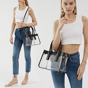 HOXIS Clear PVC Women Satchel Transparent Shoulder Handbag with Vegan Leather Trim Stadiums Approved Purse (Black)