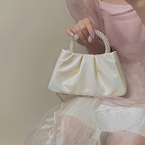 Beatfull Evening Purse Women Pearl Handbags Soft Leather Ruched Bag Bridal Clutch for Wedding Party Prom Crossbody Purses White