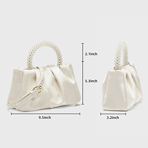 Beatfull Evening Purse Women Pearl Handbags Soft Leather Ruched Bag Bridal Clutch for Wedding Party Prom Crossbody Purses White