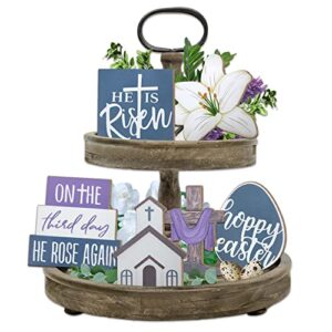 guoofu easter tiered tray decor, 6 pieces farmhouse tray decorations, happy easter he is risen cross eggs lily religious wooden signs, rustic easter faith decor for home table mantel church party
