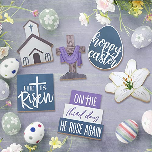 Guoofu Easter Tiered Tray Decor, 6 Pieces Farmhouse Tray Decorations, Happy Easter He is Risen Cross Eggs Lily Religious Wooden Signs, Rustic Easter Faith Decor for Home Table Mantel Church Party