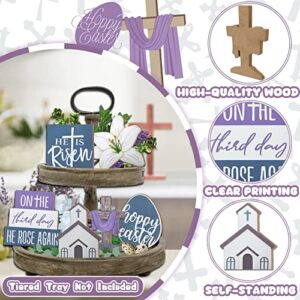 Guoofu Easter Tiered Tray Decor, 6 Pieces Farmhouse Tray Decorations, Happy Easter He is Risen Cross Eggs Lily Religious Wooden Signs, Rustic Easter Faith Decor for Home Table Mantel Church Party