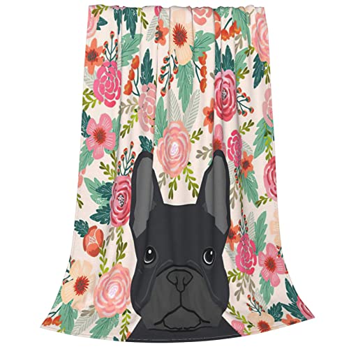 Gdecziy French Bulldog Floral Dog Head Cute pet Gifts Dog Breed Flannel Fleece Plush Throw Blanket,Throw for Spring Recliner, Air Conditioning Blanket Quality Washable Blanket 60"x50"