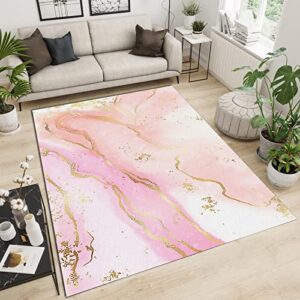fashionable pink marble area rug, ladies luxury phnom penh white gold powder indoor rugs, easy-cleaning anti slip backing carpet for living room bedroom apartment home decor – 2 ft x 6 ft