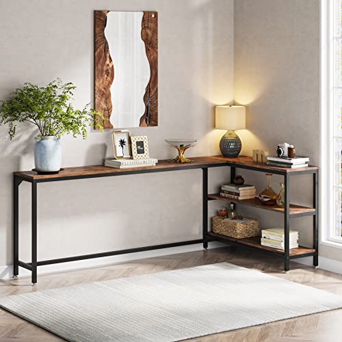Tribesigns L Shaped Console Sofa Table, 82.67" Extra Long Sofa Tables with 3-Tier Open Storage Shelves, Reversible Entryway Table for Hallway, Industrial Behind Couch Table for Living Room