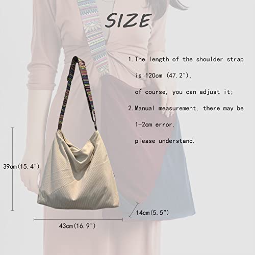 Corduroy Crossbody Bag For Women Shoulder Bags Handbag Purse Schoolbag Tote Bag Hobo Bag Large Fashion (creamy-white)