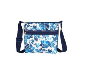 lesportsac damask dream small hobo crossbody handbag, style 3709/color e478, turquoise & royal blue tonal scrolled blossom & vine motifs, romantic & elegant damask design