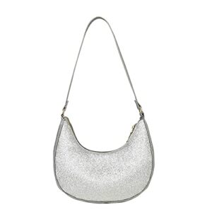 clzoud ladies fashion solid color sequins leather shoulder bag metal zipper handbag mini shoulder bag (silver, one size)