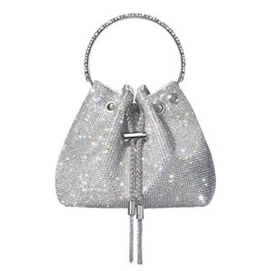 SWEETV Women's Rhinestone Bucket Bag, Evening Handbag Purse for Formal Wedding Cocktail Prom Party Club, Silver, Large