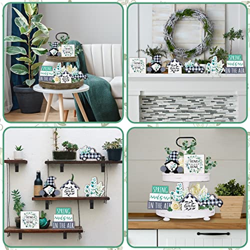 Guoofu Spring Tiered Tray Decor, 6 Pieces Farmhouse Eucalyptus Leaves Tray Decorations, Spring Gnome Wreath Buffalo Plaid Truck Wooden Signs, Rustic Spring Decor for Home Table Mantel Office Party