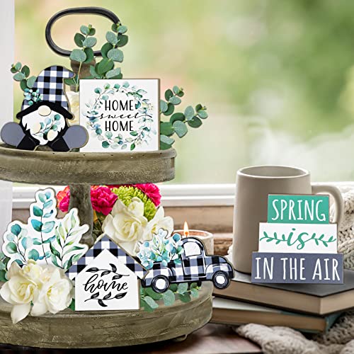 Guoofu Spring Tiered Tray Decor, 6 Pieces Farmhouse Eucalyptus Leaves Tray Decorations, Spring Gnome Wreath Buffalo Plaid Truck Wooden Signs, Rustic Spring Decor for Home Table Mantel Office Party