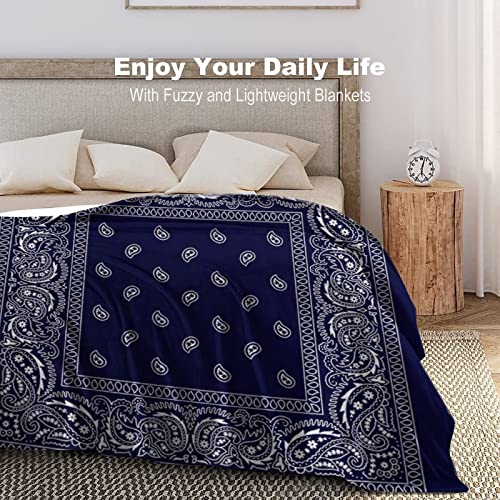 Southwestern Navy Blue Bandana Paisley Border Print Flannel Fleece BlanketThrow Lightweight Cozy Fuzzy Warm Throw Blankets Fluffy Blanket for Couch Sofa Chair Gifts 50"x40"