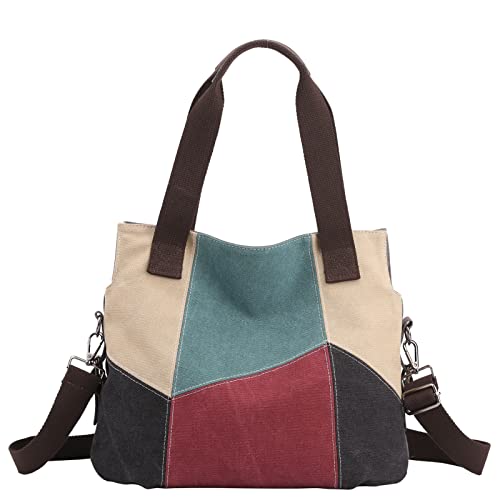 ArcEnCiel Canvas Hand Bags Purses For Women, Fashion Hobo Bag Multi-Color Splice Shoulder Crossbody Bags Handbags Tote Bag