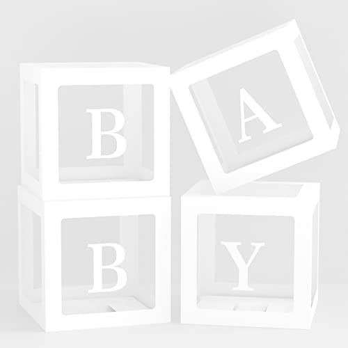 4 PCS Baby Boxes with Letters for Baby Shower Clear Baby Shower Block Boxes Transparent Balloon Boxes for Baby Shower Baby Birthday Gender Reveal Decorations(White)