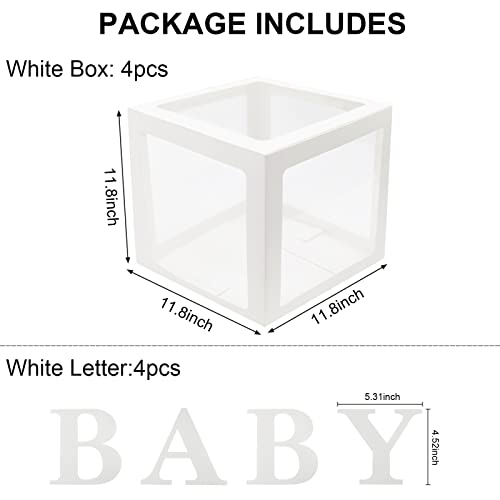 4 PCS Baby Boxes with Letters for Baby Shower Clear Baby Shower Block Boxes Transparent Balloon Boxes for Baby Shower Baby Birthday Gender Reveal Decorations(White)