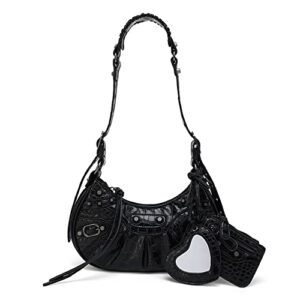 women punk style rivet satchels handbags riveted shoulder messenger bag half-moon bag with mirror and card hobo bags