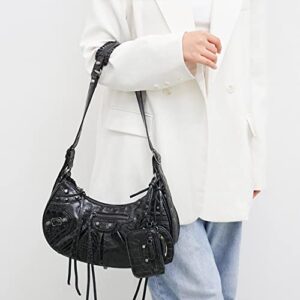 Women Punk Style Rivet Satchels Handbags Riveted Shoulder Messenger Bag Half-Moon Bag With Mirror And Card Hobo Bags