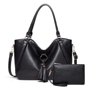large purses for women leather handbags hobo bags shoulder crossbody bag with tassel (black)