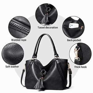 Large Purses for Women Leather Handbags Hobo Bags Shoulder Crossbody Bag with Tassel (Black)