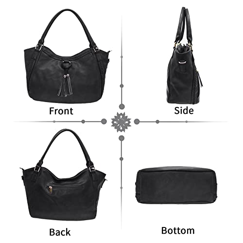 Large Purses for Women Leather Handbags Hobo Bags Shoulder Crossbody Bag with Tassel (Black)