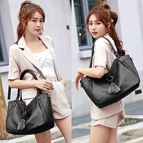 Large Purses for Women Leather Handbags Hobo Bags Shoulder Crossbody Bag with Tassel (Black)