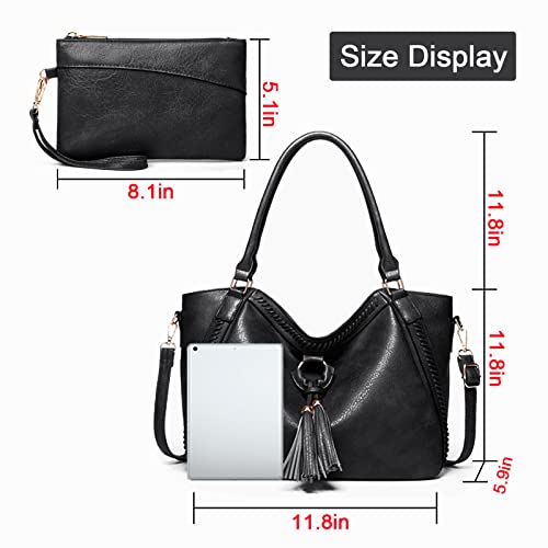 Large Purses for Women Leather Handbags Hobo Bags Shoulder Crossbody Bag with Tassel (Black)