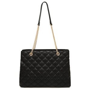 foxlover tote handbags for women, pu leather ladies quilted tote bag purses and handbags with chain strap women’s large handbag (black)