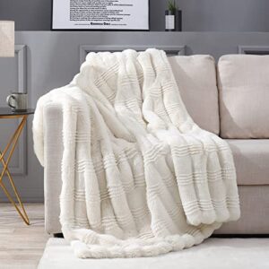 luxenrelax plush faux fur throw blanket, elegant fuzzy blanket with water wave pattern, warm fluffy blanket for bed, couch, ivory white, 50×60 inches