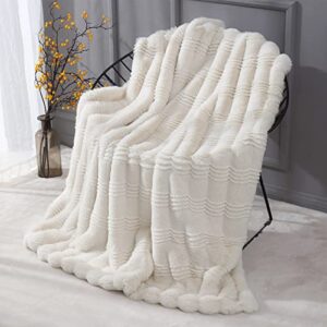 LuxenrelaX Plush Faux Fur Throw Blanket, Elegant Fuzzy Blanket with Water Wave Pattern, Warm Fluffy Blanket for Bed, Couch, Ivory White, 50x60 inches