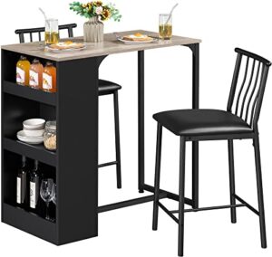 yaheetech 3-piece dining table set, counter height dining table set for 2, compact kitchen table set with 3-layer side storage shelf for kitchen restaurant, black/gray