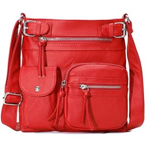 downupdown women crossbody bags vintage messenger bag vegan leather purse shoulder bag satchel handbags zipper multi pocket -red