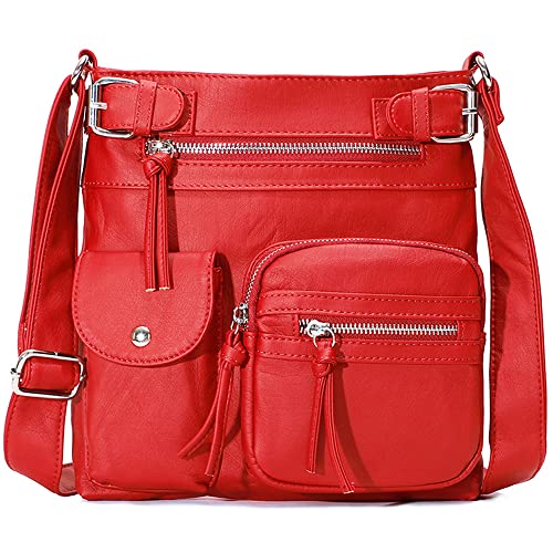 Downupdown Women Crossbody Bags Vintage Messenger Bag Vegan Leather Purse Shoulder Bag Satchel Handbags Zipper Multi Pocket -Red