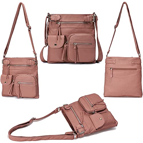 Downupdown Women Crossbody Bags Vintage Messenger Bag Vegan Leather Purse Shoulder Bag Satchel Handbags Zipper Multi Pocket -Red