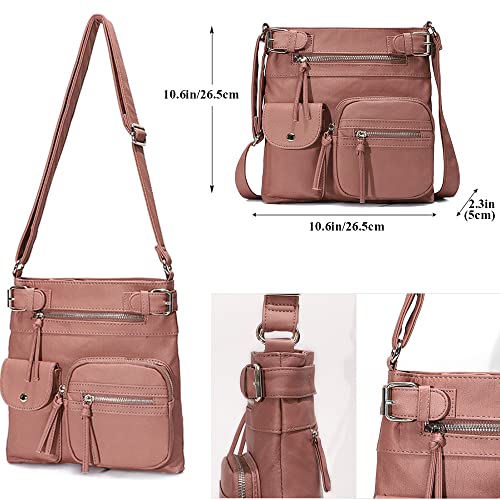 Downupdown Women Crossbody Bags Vintage Messenger Bag Vegan Leather Purse Shoulder Bag Satchel Handbags Zipper Multi Pocket -Red