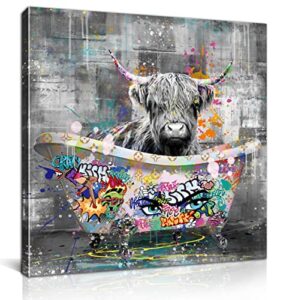 kepgonegu highland cow bathroom wall art banksy graffiti canvas wall art black and white wall art ready to hang size 14”w x 14”h