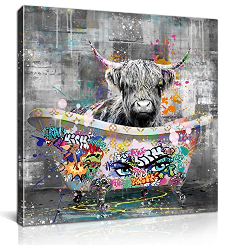 Kepgonegu Highland Cow Bathroom Wall Art Banksy Graffiti Canvas Wall Art Black and White Wall Art Ready to Hang Size 14”W x 14”H