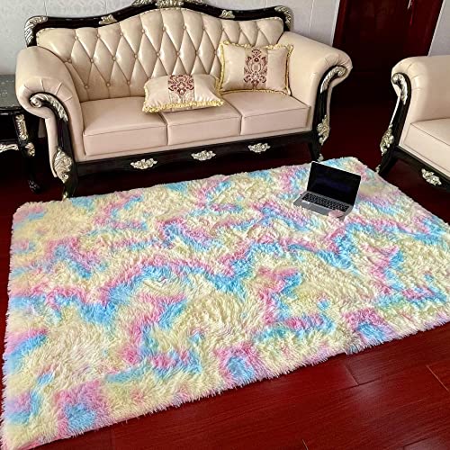 FGCOGOD Ultra Soft Shaggy Rug for Bedroom, 4 x 6 Feet Rainbow Tie Dye Area Rug, Modern Fluffy Colorful Cute Carpet for Kids Girls Room, Living Room, Bedside, Home Office, Nursery Decor