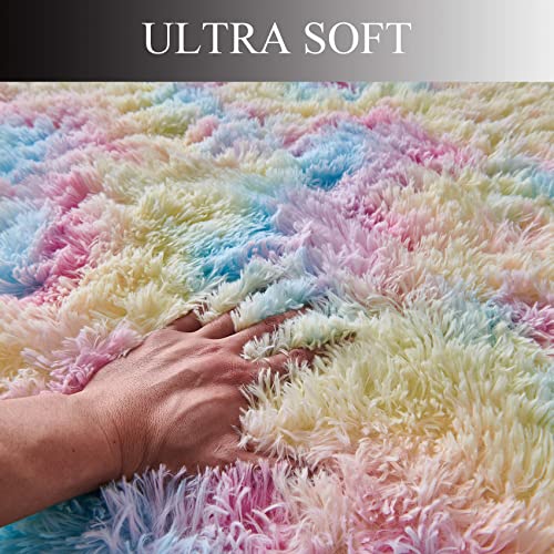 FGCOGOD Ultra Soft Shaggy Rug for Bedroom, 4 x 6 Feet Rainbow Tie Dye Area Rug, Modern Fluffy Colorful Cute Carpet for Kids Girls Room, Living Room, Bedside, Home Office, Nursery Decor