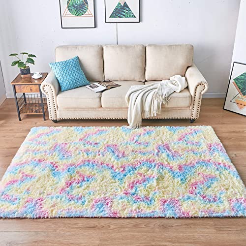 FGCOGOD Ultra Soft Shaggy Rug for Bedroom, 4 x 6 Feet Rainbow Tie Dye Area Rug, Modern Fluffy Colorful Cute Carpet for Kids Girls Room, Living Room, Bedside, Home Office, Nursery Decor