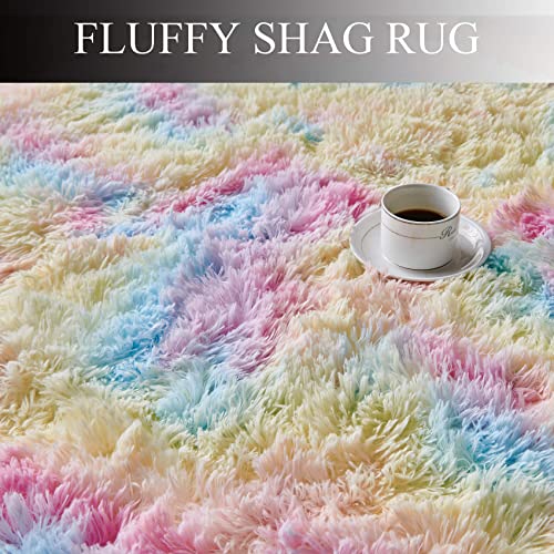 FGCOGOD Ultra Soft Shaggy Rug for Bedroom, 4 x 6 Feet Rainbow Tie Dye Area Rug, Modern Fluffy Colorful Cute Carpet for Kids Girls Room, Living Room, Bedside, Home Office, Nursery Decor