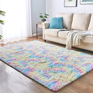 FGCOGOD Ultra Soft Shaggy Rug for Bedroom, 4 x 6 Feet Rainbow Tie Dye Area Rug, Modern Fluffy Colorful Cute Carpet for Kids Girls Room, Living Room, Bedside, Home Office, Nursery Decor